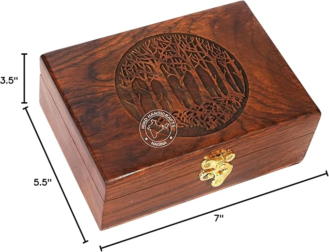 Rosewood Handmade Wooden Tree of Life Engraved Jewellery Box – Handcarved Keepsake Urn for Women & Men | Antique Finish Decorative Storage Organizer | Wooden Gift Box (7"x5.5"x3.5", 60 Cubic In)