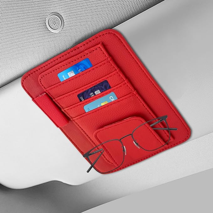 Small Leather Sun Visor Organizer, Visor Accessories, Multi-Pocket Sunvisor Storage with Sunglass Holder, Car Organizer for Drving License Card Pen Fits Most Vehicles (Red)