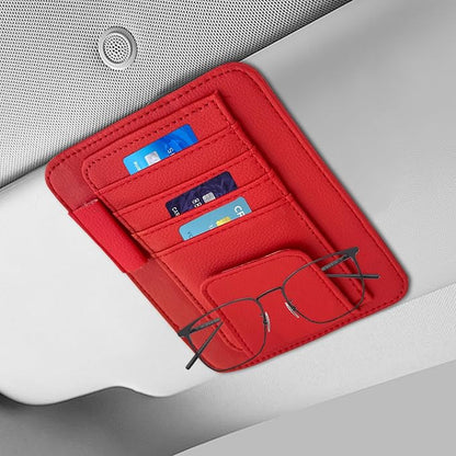 Small Leather Sun Visor Organizer, Visor Accessories, Multi-Pocket Sunvisor Storage with Sunglass Holder, Car Organizer for Drving License Card Pen Fits Most Vehicles (Red)