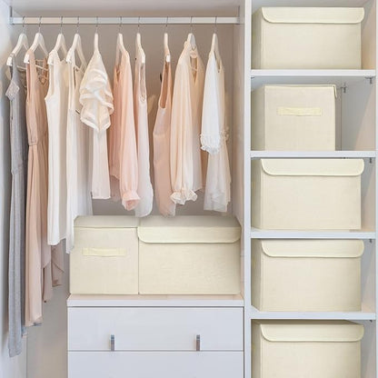Bagnizer Large 22 Quart [4-Pack] Linen Fabric Foldable Storage Bin Cube Organizer Basket with Flip-Top Lid & Handles, Clothes Blanket Box for Home, Office, Closet (14.6 x 9.5 x 9.5, Beige)