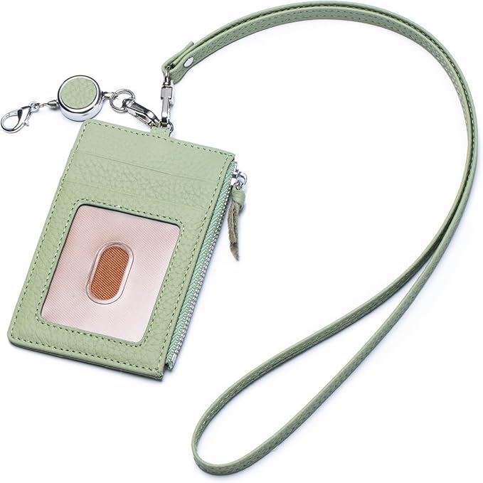 2-in-1 Leather ID Badge Holder with Wallet for Work, Multifunction ID Case with Credit Card Slots & Cash Coin Pocket, Slim Wallet with Lanyard for Women Men Nurse Teacher (Light Green)