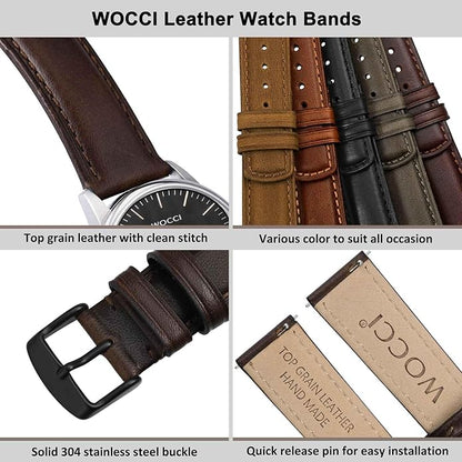 WOCCI Quick Release Watch Band, Distressed Genuine Leather, Stainless Steel Buckle, Strap Width 18mm 19mm 20mm 22mm 24mm