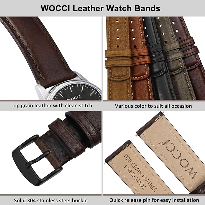 WOCCI Quick Release Watch Band, Distressed Genuine Leather, Stainless Steel Buckle, Strap Width 18mm 19mm 20mm 22mm 24mm