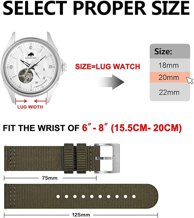 BISONSTRAP Men’s Nylon Watch Bands, Two-Piece Military Watch Straps, Quick Release, Brushed Buckle, Band Width 18mm 19mm 20mm 22mm