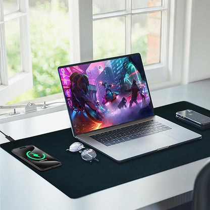 Desk Mat with Wireless Charging, Black Mouse Pad with Wireless Charger, Desk Pad Matt for Desktop, Mousepad Gaming Large Mouse Pad, Leather Compute for Keyboard and Mouse, 32" x 16"
