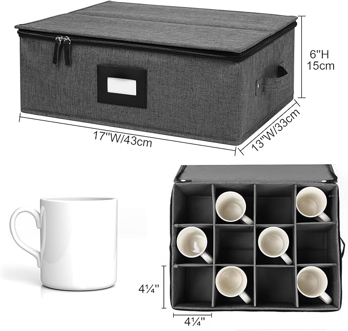 Mayniu 2 Pack Mug Storage Box with Dividers, Hard Top Cup Storage Containers for Coffee Mug & Tea Cup, Stackable Coffee Mug Storage Organizer with Zipper Lid & Rivet Reinforced Handles – Black
