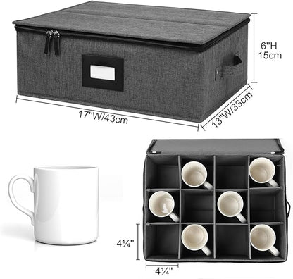 Mayniu 2 Pack Mug Storage Box with Dividers, Hard Top Cup Storage Containers for Coffee Mug & Tea Cup, Stackable Coffee Mug Storage Organizer with Zipper Lid & Rivet Reinforced Handles – Black