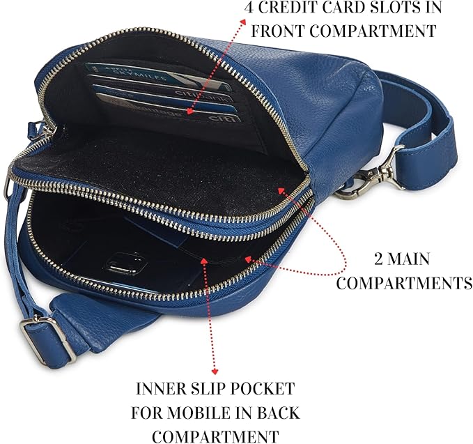 Leather Sling Bag for Women Genuine Crossbody Purse Small Trendy Cross Over Chest with Phone and Credit Card Slots (Sapphire Blue Nappa)