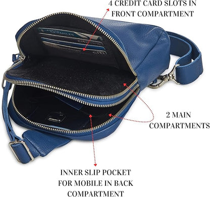 Leather Sling Bag for Women Genuine Crossbody Purse Small Trendy Cross Over Chest with Phone and Credit Card Slots (Sapphire Blue Nappa)