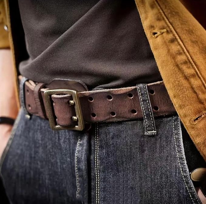 Handcrafted Vintage Style Leather Belt, Brown Full-Grain Leather, Brass Buckle, Double Stitched Design, Casual Wear