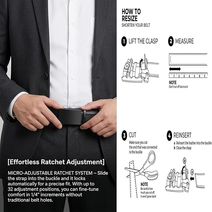 JINIU Men's Ratchet Belt Buckle, Black Genuine Leather Slide Belt for Men Dress Suit, Micro Adjustable Trim to Fit Boxed
