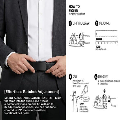 JINIU Men's Ratchet Belt Buckle, Black Genuine Leather Slide Belt for Men Dress Suit, Micro Adjustable Trim to Fit Boxed