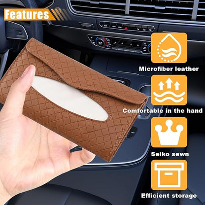 Car Tissue Holder, PU Leather Auto Napkin Holder for Visor & Backseat, Automotive Mask Organizer Case to Keep Vehicle Tidy, Universal Interior Accessories for Sedan Truck SUV (Brown)