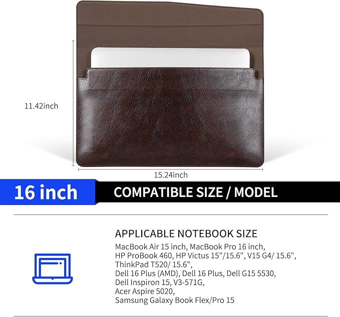 16 inch Genuine Leather Laptop Sleeve for MacBook Pro 16 Inch M4 M3 M2 M1 Pro/Max＆MacBook Air 15 Inch M4 M3 M2 Case,Premium Protective Case Cover with Magnetic Closure-Vintage Dark Brown