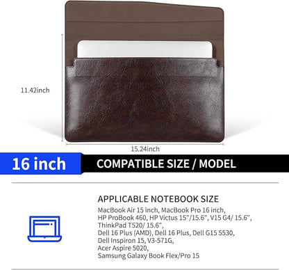 16 inch Genuine Leather Laptop Sleeve for MacBook Pro 16 Inch M4 M3 M2 M1 Pro/Max＆MacBook Air 15 Inch M4 M3 M2 Case,Premium Protective Case Cover with Magnetic Closure-Vintage Dark Brown