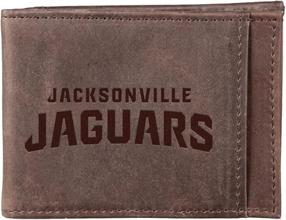 Team Sports America NFL Jacksonville Jaguars Front Pocket Slim Wallet for Men | Minimalist Leather RFID Blocking Bifold Card Holder with Money Clip | Officially Licensed Stamped Logo