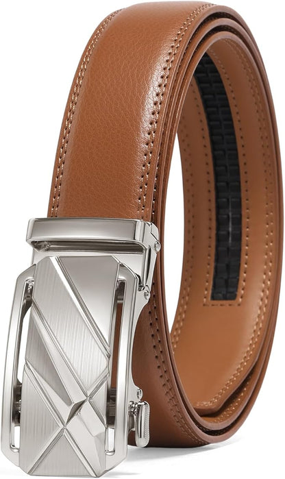 SENDEFN Men's Leather Belt Automatic Ratchet Buckle Slide Belt for Dress Casual Trim to Fit with Gift Box