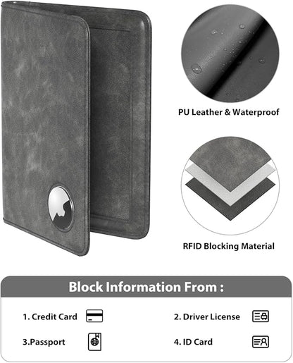 Stouchi AirTag Passport Wallet, Grey, Unisex, Faux Leather, RFID Blocking, Anti-Waterproof