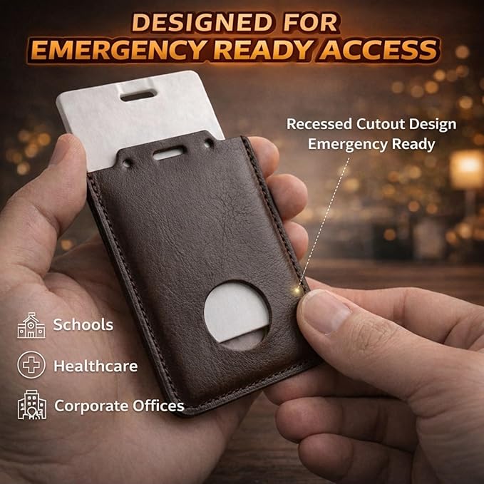 CPLIKE Vertical ID Badge Holder Compatible with Centegix CrisisAlert V2, Premium PU Leather Case with Emergency Button Cutout, Slim 2-in-1 Alarm & ID Card Slot for Teachers & Nurses, Brown