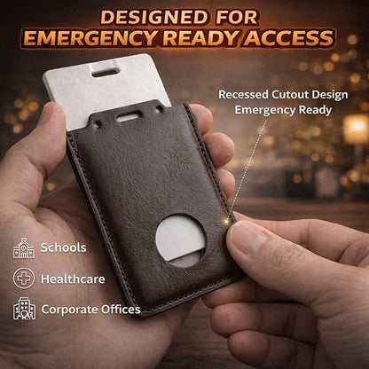 CPLIKE Vertical ID Badge Holder Compatible with Centegix CrisisAlert V2, Premium PU Leather Case with Emergency Button Cutout, Slim 2-in-1 Alarm & ID Card Slot for Teachers & Nurses, Brown