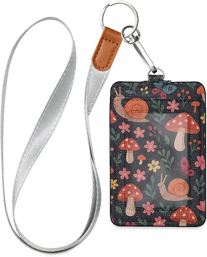 Badge Holder, Mushroom with Snails PU Leather School College Business ID Badge Card Holder Wallet Case with 1 Clear Window, 2 Credit Card Slots and Detachable Neck Lanyard - Vertical