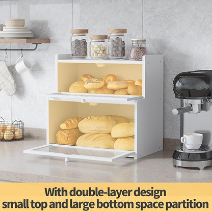 Double Layer Bamboo Bread Box for Kitchen Counter,Bread Holder,Countertop Bread Storage with Window (White)