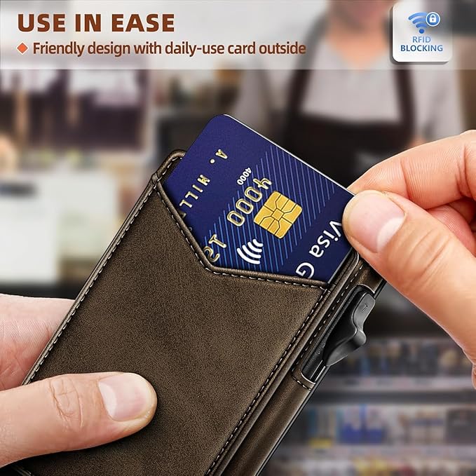 Genuine Leather Wallet for Men Slim Magnetic Flip Bifold with Money Clip and Metal Card Case Holds 9 Cards Ideal for Gifts and Daily Use (Coffee)