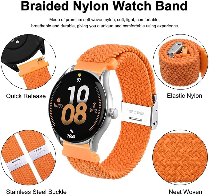 WOCCI 22mm Braided Nylon Watch Band for Men and Women, Quick Release, Silver Stainless Steel Buckle (Orange)