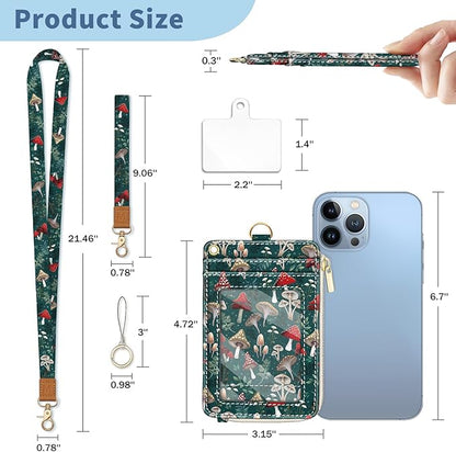 Lanyard Wallet with Id Badge Holder, Mushroom RFID Small Keychain Wallet Women Wristlet, Cute Zipper Credit Card Holder Phone Wrist Neck Strap for Key Name Tag, Teacher Student Office Gifts