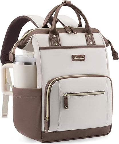 LOVEVOOK Laptop Backpack for Women with Giant Tumbler Holder,15.6 inch Professional Nurse Teacher Backpack Computer Laptop Bag,Cute Waterproof Travel Backpack Purse Work College Bag, Beige-Khaki