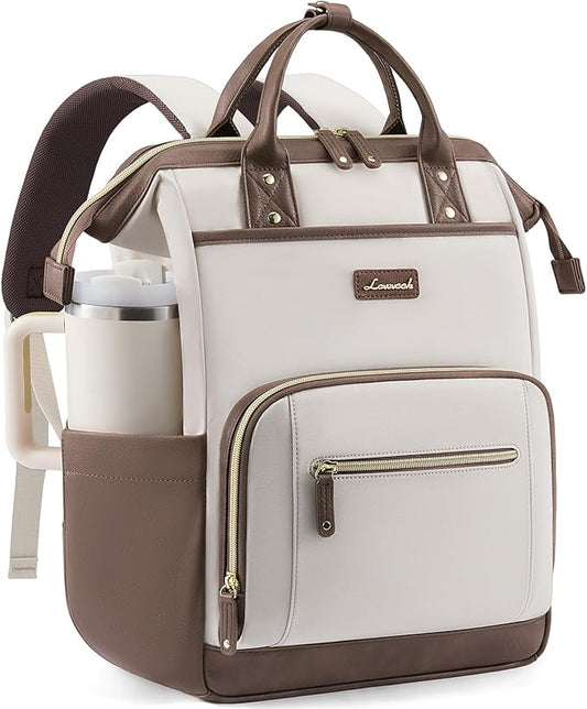 LOVEVOOK Laptop Backpack for Women with Giant Tumbler Holder,15.6 inch Professional Nurse Teacher Backpack Computer Laptop Bag,Cute Waterproof Travel Backpack Purse Work College Bag, Beige-Khaki