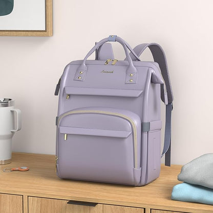 LOVEVOOK Leather Laptop Backpack for Women 17 inch,Travel Backpack Purse Nurse Teacher Backpack Computer Laptop Bag,Professional College Business Work Bags Carry On Backpack with USB Port,Grey Purple