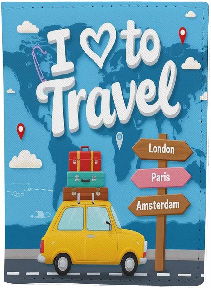 I Love to Travel Passport Holder for Travel Car Carries Luggage to Different Countries PU Leather Passport Cover Wallet Cute Passport Card Holder for Women and Men