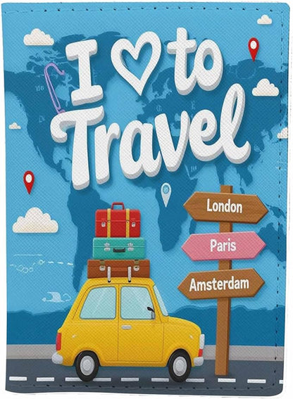 I Love to Travel Passport Holder for Travel Car Carries Luggage to Different Countries PU Leather Passport Cover Wallet Cute Passport Card Holder for Women and Men