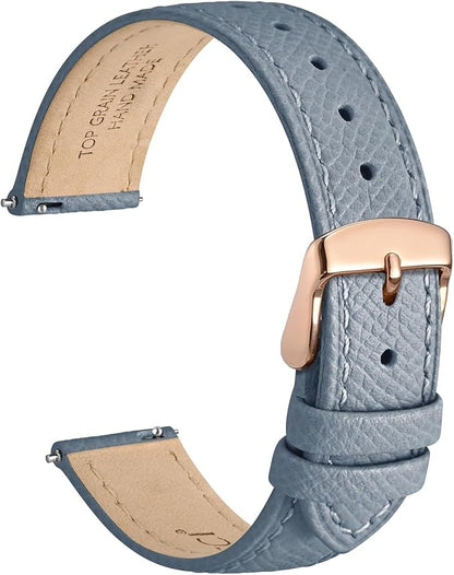 WOCCI 18mm Grace Watch Band for Ladies, Top Grain Leather, Quick Release Replacement Strap with Rose Gold Buckle (Mist Blue)