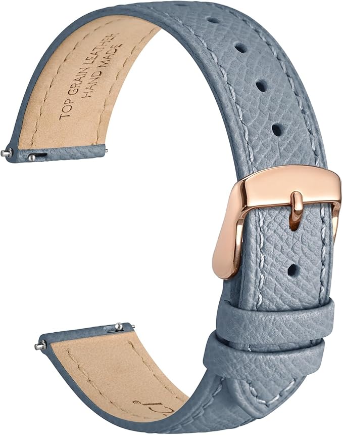 WOCCI 15mm Grace Leather Watch Band for Ladies, Top Grain Leather, Quick Release Replacement Strap with Rose Gold Buckle (Mist Blue)