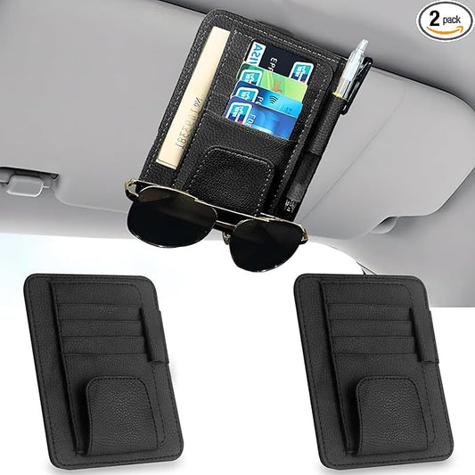 2 Pcs Car Sun Visor Organizer Premium Leather Sunglasses Holder Multi Functional Car Interior Accessories Storage Bag Visor Pouch for Cars Trucks Card Document Holder (Black)