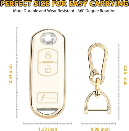 FT FUNTOR for Mazda Key Fob Cover,3 Buttons TPU Key Cover with Golden Edge,Compatible with Mazda 3 6 CX-3 CX-5 CX-7 CX-9 with Keychain (A-White)