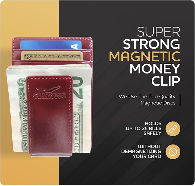 Claasico Men’s Leather Money Clip Wallet – Slim Front Pocket Wallet w/Super Strong Magnetic Clip, RFID Blocking, 5 Card Slots & Center Pocket + ID Window