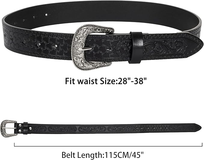 Mealah Vintage Western-Cowboy-Belt for Women Men - Carved Buckle PU Leather Waist Belts (for Waist 28"-38")