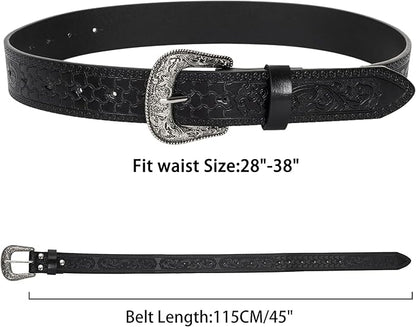 Mealah Vintage Western-Cowboy-Belt for Women Men - Carved Buckle PU Leather Waist Belts (for Waist 28"-38")