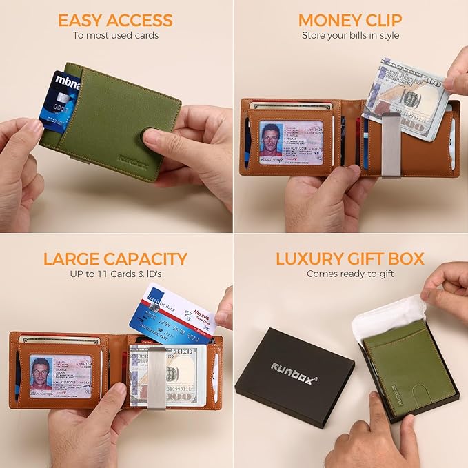 RUNBOX Slim Money Clip Wallets for Men RFID Blocking 11 Card Holder Minimalist Small Leather Bifold Men's Front Pocket Wallet Gift Box