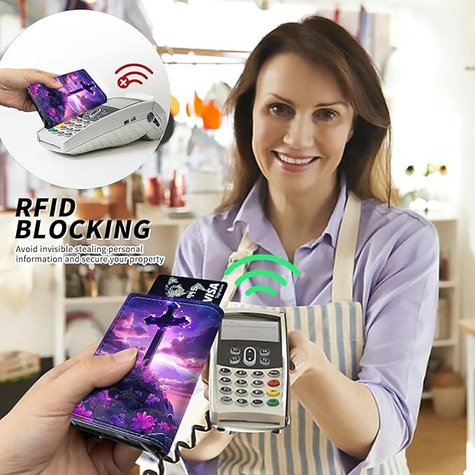 Flower Purple Minimalist Wallet for Men, Pop Up Card Case Wallet for Women, PU Leather Automatic Credit Card Holder Metal Money Clip Wallet RFID Blocking Bifold Pocket Wallet