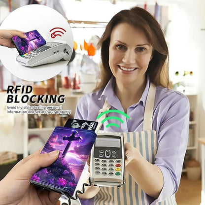 Flower Purple Minimalist Wallet for Men, Pop Up Card Case Wallet for Women, PU Leather Automatic Credit Card Holder Metal Money Clip Wallet RFID Blocking Bifold Pocket Wallet