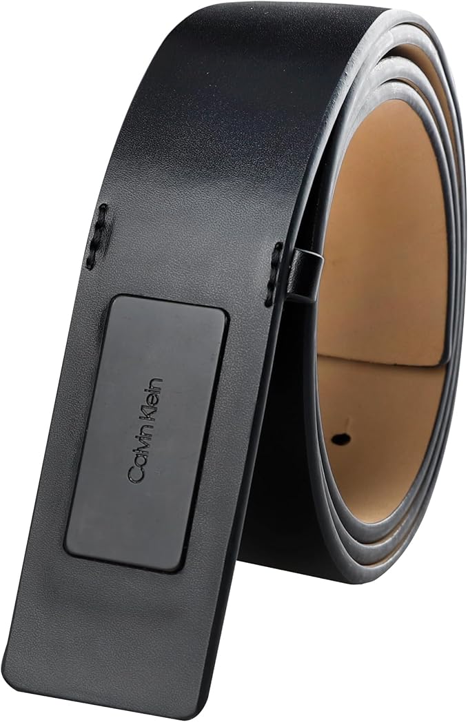 Calvin Klein Men's Plaque Buckle Belt - Casual Modern Style With Logo Detail for Jeans and Dress Pants