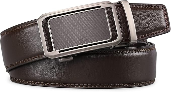 SENDEFN Men's Leather Belt Automatic Ratchet Buckle Slide Belt for Dress Casual Trim to Fit with Gift Box