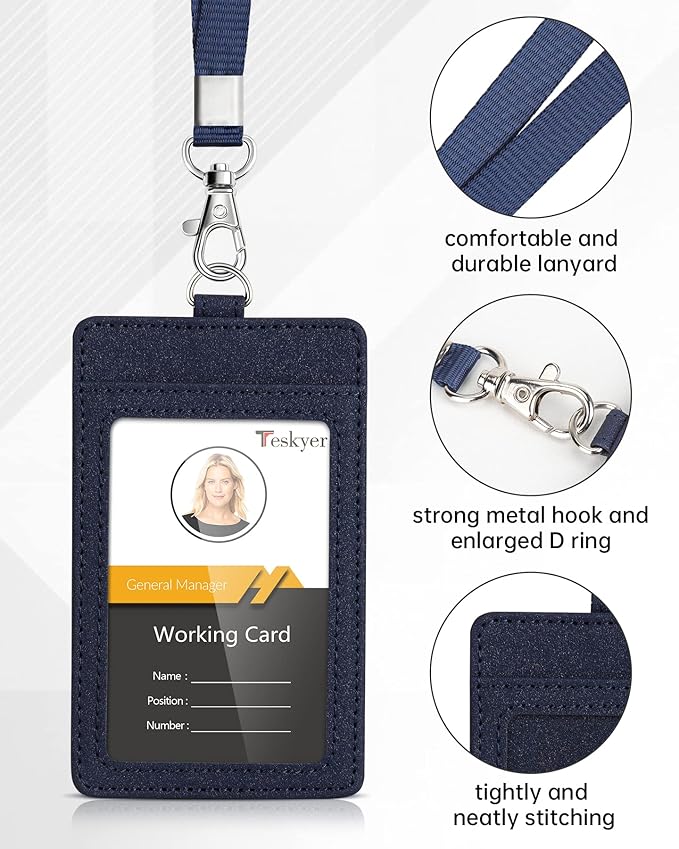 Teskyer Badge Holder with Lanyard, Leather ID Name Badge Card Holder with Lanyard for ID Badges, Vertical, Starry Blue