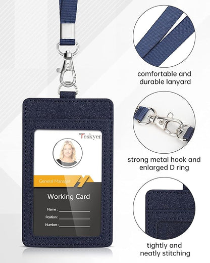 Teskyer Badge Holder with Lanyard, Leather ID Name Badge Card Holder with Lanyard for ID Badges, Vertical, Starry Blue