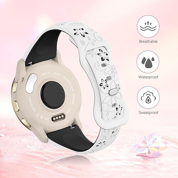 Laband 18mm Floral Engraved Band Compatible With Garmin Venu 3S 41mm/Venu 2S/Vivoactive 4S/Vivomove 3S/Venu 4 41mm/Forerunner 255S/Forerunner 265S,Soft Slim Silicone Cute Embossed Flower Strap for Men