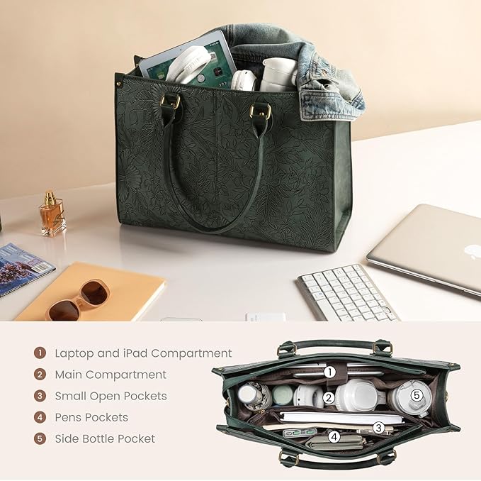LOVEVOOK Laptop Tote Bag for Women, 15.6 Inch Large Capacity Vintage Leather Work Computer Bag, Business Casual Shoulder Handbag, Green Embossed